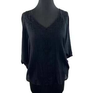 Love Sam Black Woven Cotton Crochet Lace V-Neck 3/4 Sleeve Pullover Tunic Top S